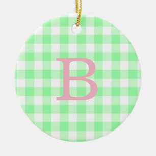 Pink and Green Gingham Monogram Ceramic Ornament