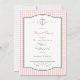 Pink and Green Gingham Preppy Coastal Baby Shower Invitation