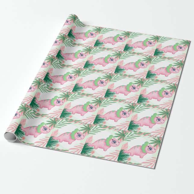 Pink and Green Girly Dinosaur Baby Shower Wrapping Paper (Unrolled)