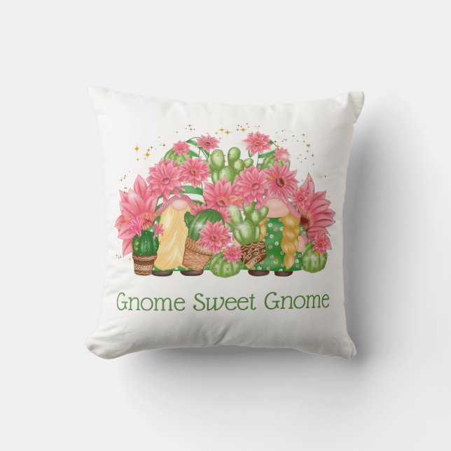 Pink and Green Gnomes Gnome Sweet Gnome Cushion (Front)