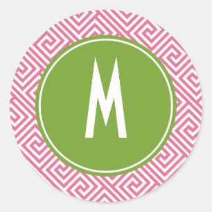 Pink and Green Greek Key Pattern Monogram Classic Round Sticker