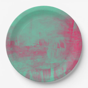 Pink and Green Grunge Painted Abstract Paper Plate