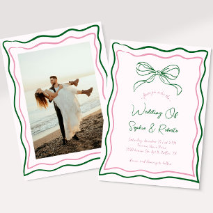 Pink and Green Hand Drawn Retro Bow French Wedding Invitation