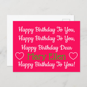 Pink and Green Happy Birthday Song Personalised Postcard