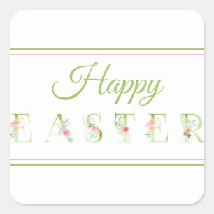 Pink and Green Happy Easter Square Stickers
