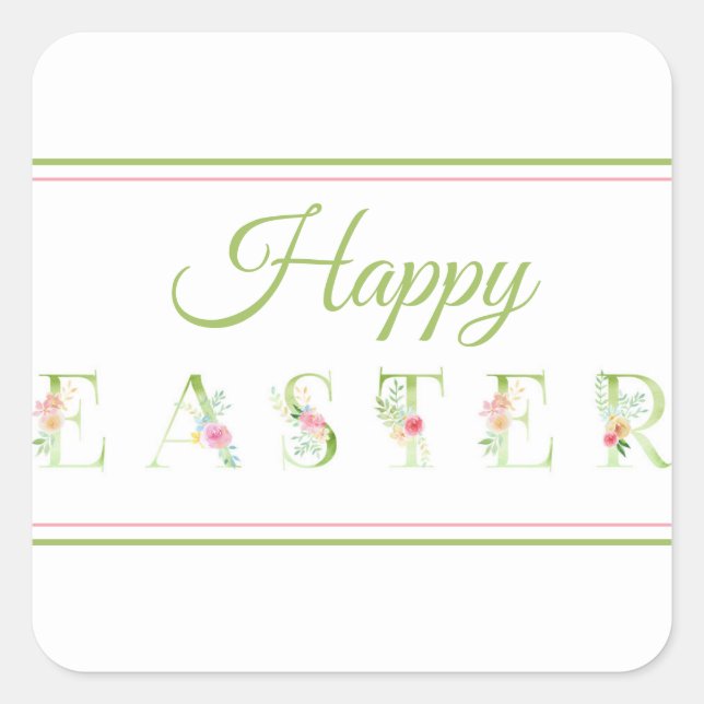 Pink and Green Happy Easter Square Stickers (Front)