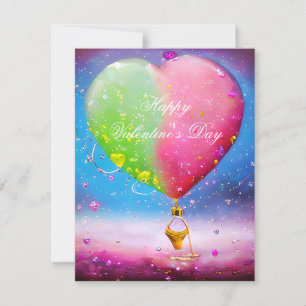 Pink and green heart air balloon valentine holiday card