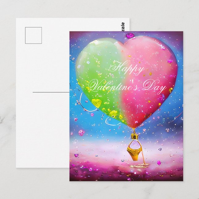 Pink and green heart air balloon valentine postcard (Front/Back)