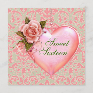 Pink and Green Heart Sweet 16 Birthday Party Invitation