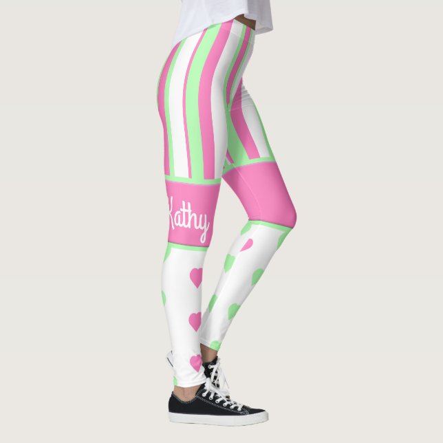 Pink and Green Hearts and Stripes Leggings (Right)