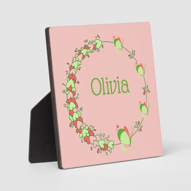 Pink and Green Hearts & Butterfly Wreath Tabletop  Plaque (Front)