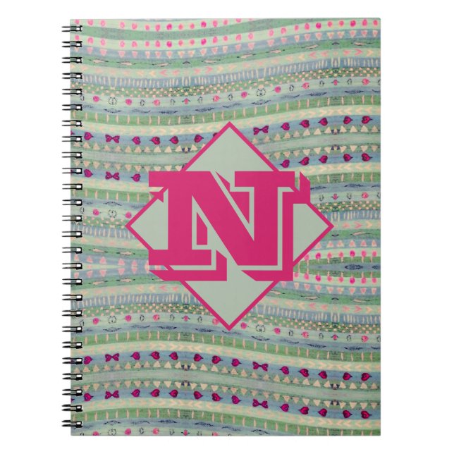 Pink and Green Hearts Pattern & Your Monogram  Notebook (Front)