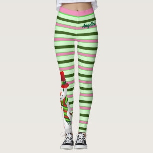 Pink and Green Holiday Stripes with Snowman Leggings