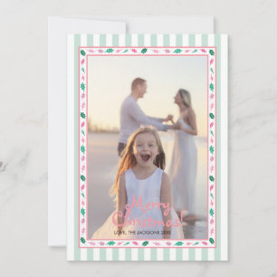 Pink and Green Holly Leaves Border Family Photo Holiday Card