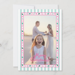 Pink and Green Holly Leaves Border Family Photo Holiday Card