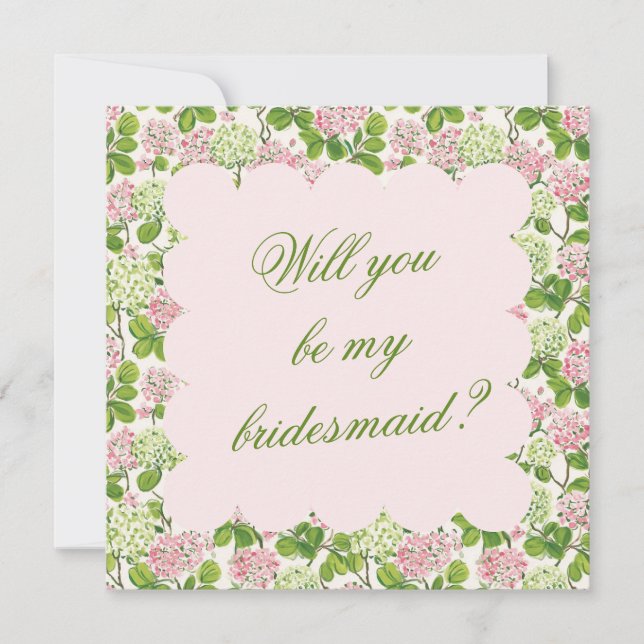 Pink and Green Hydrangea Bridesmaid Proposal Card (Front)