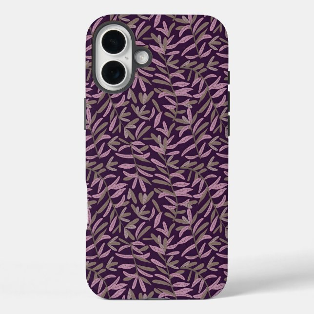  Pink and Green Leaf Pattern on Dark Purple Back Case-Mate iPhone Case (Back)