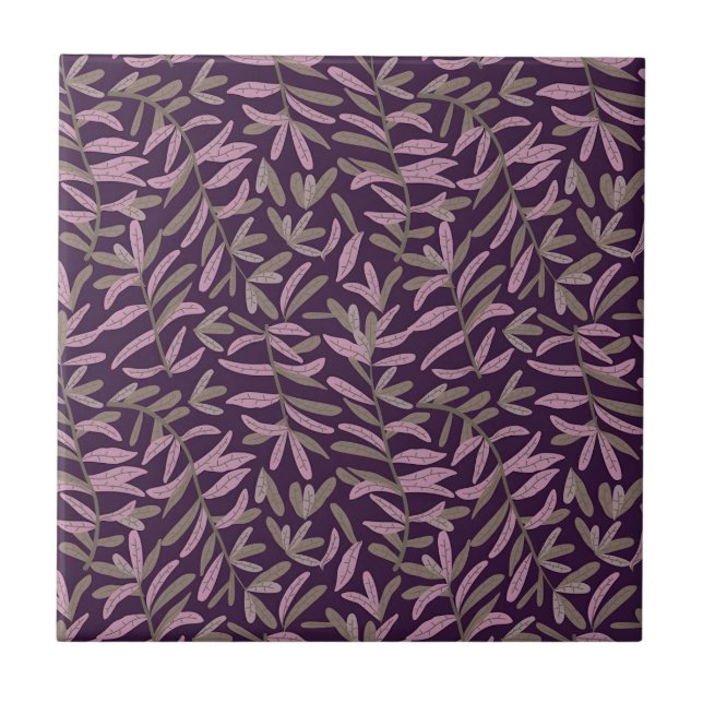  Pink and Green Leaf Pattern on Dark Purple Back Ceramic Tile (Front)