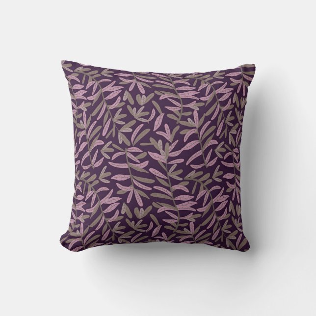  Pink and Green Leaf Pattern on Dark Purple Back Cushion (Front)