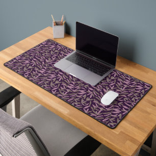 Pink and Green Leaf Pattern on Dark Purple Back Desk Mat