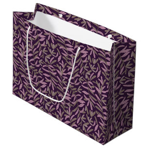 Pink and Green Leaf Pattern on Dark Purple Back Large Gift Bag