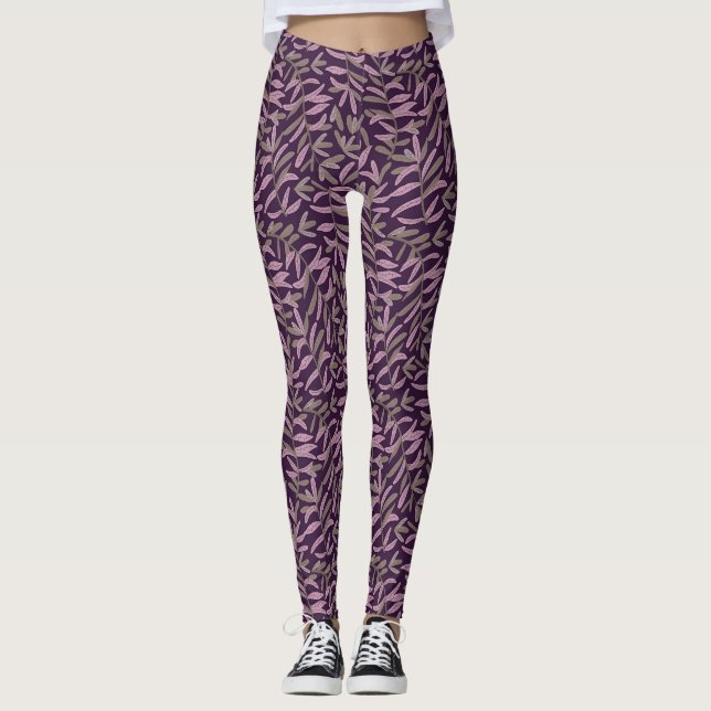  Pink and Green Leaf Pattern on Dark Purple Back Leggings (Front)