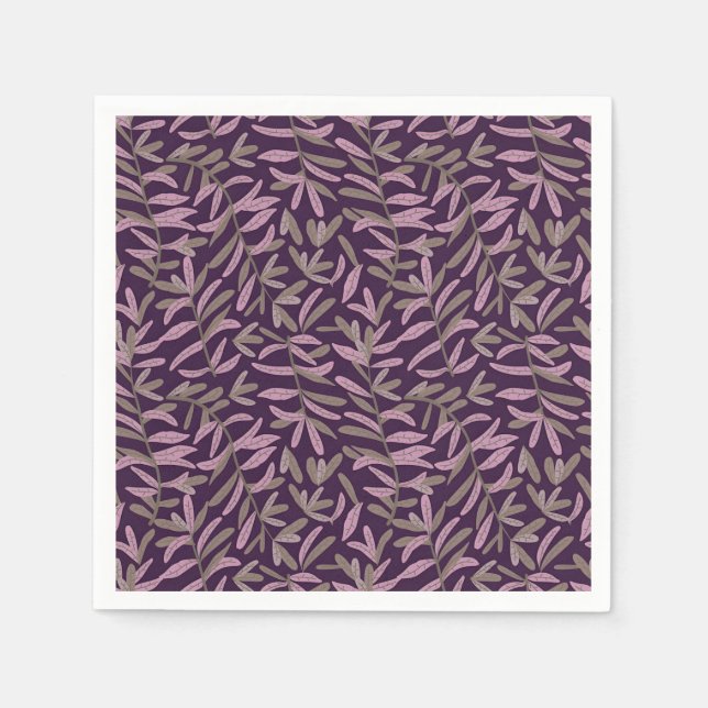  Pink and Green Leaf Pattern on Dark Purple Back Napkin (Front)