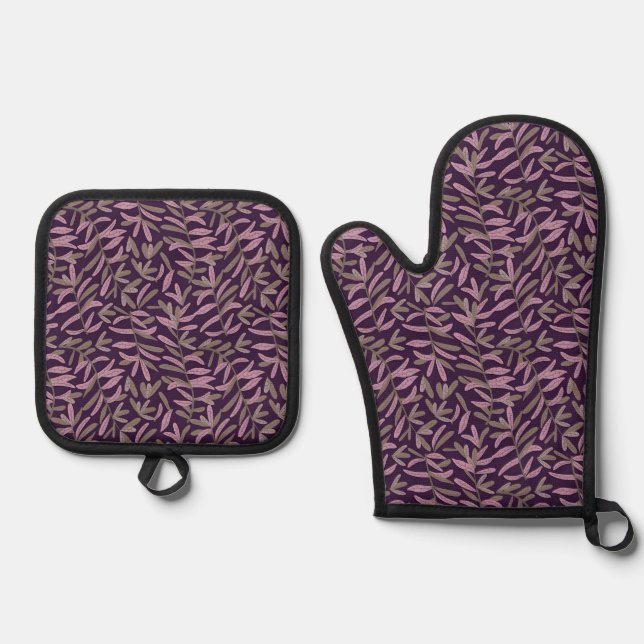  Pink and Green Leaf Pattern on Dark Purple Back Oven Mitt & Pot Holder Set (Front)