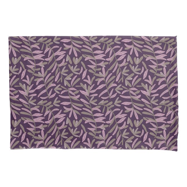  Pink and Green Leaf Pattern on Dark Purple Back Pillowcase (Front-Left)