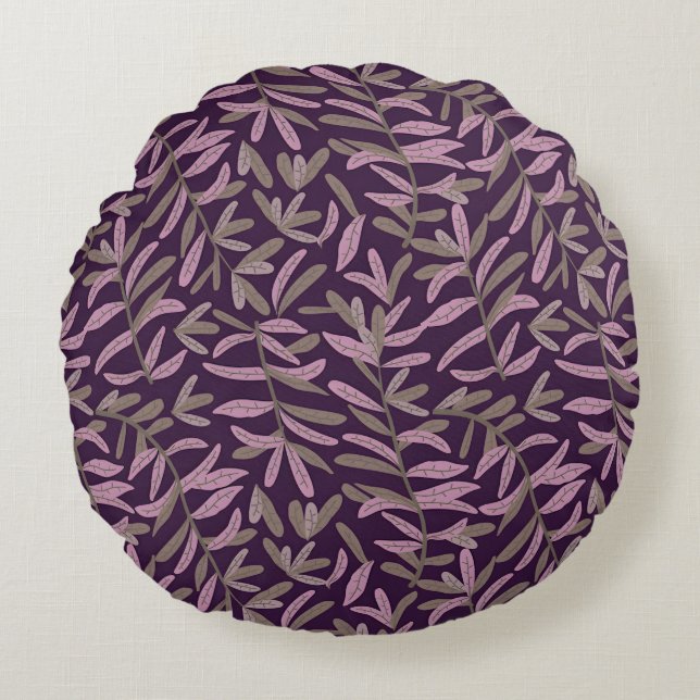  Pink and Green Leaf Pattern on Dark Purple Back Round Cushion (Front)