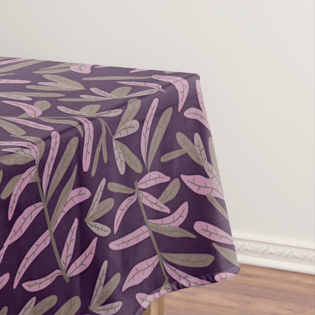  Pink and Green Leaf Pattern on Dark Purple Back Tablecloth (In Situ)
