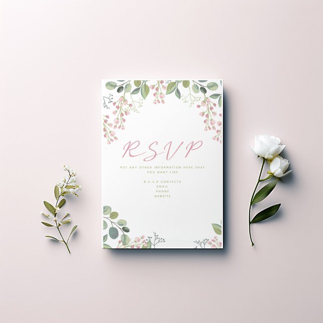 Pink and green leaves and flowers "RSVP" card (Pretty wedding RSVP card with pink flowers and olive branches.)