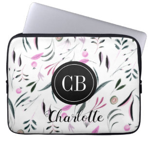 Pink and Green Leaves and Fruits Monogram and Name Laptop Sleeve