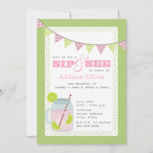 Pink and Green Lemonade & Lime Sip and See Invitation (Front)