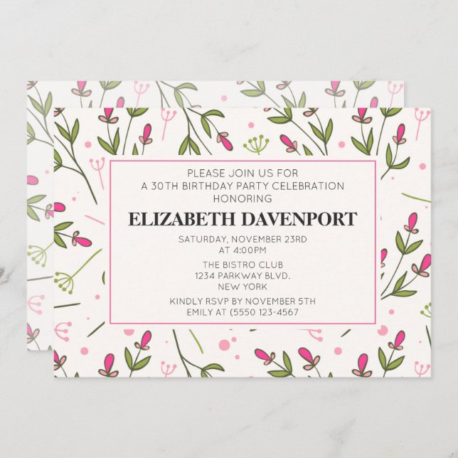 Pink and Green Long Stem Wildflowers Birthday Invitation (Front/Back)