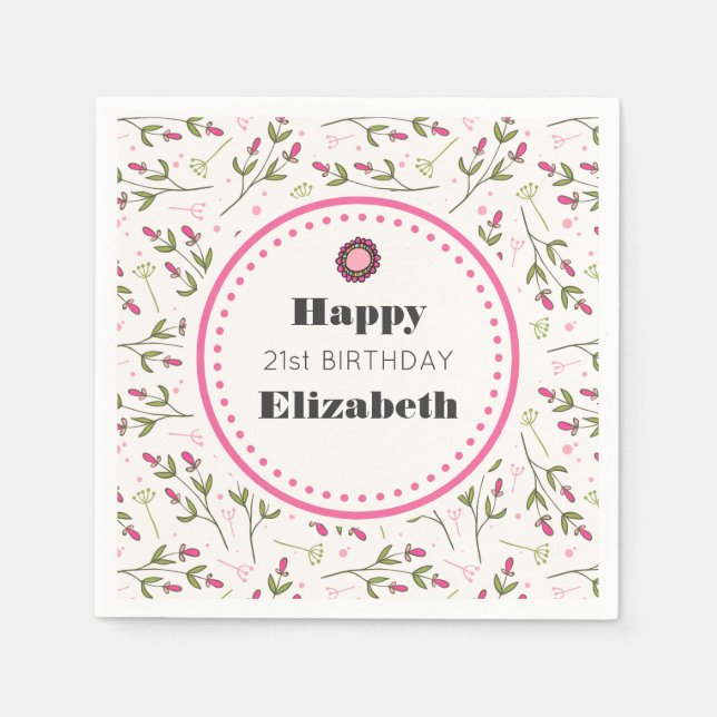 Pink and Green Long Stem Wildflowers Birthday Napkin (Front)