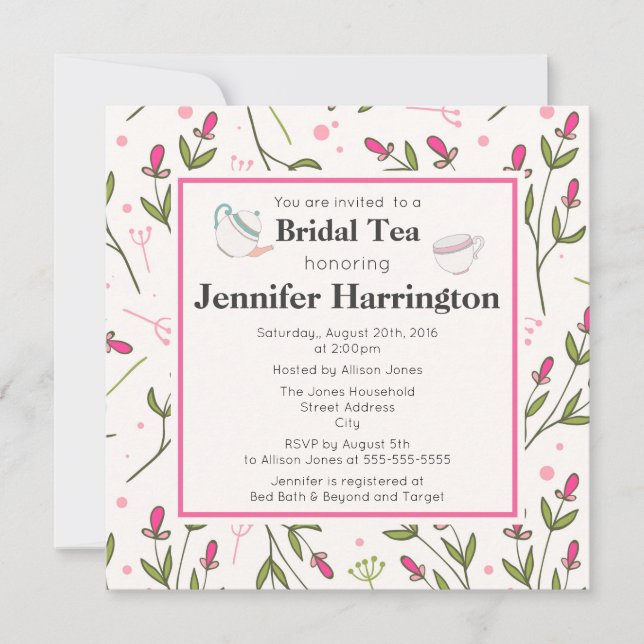 Pink and Green Long Stem Wildflowers Bridal Tea Invitation (Front)