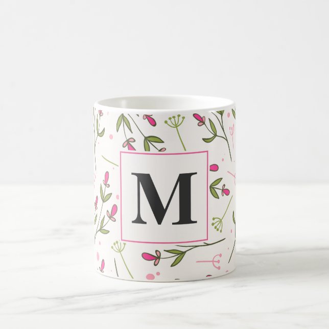 Pink and Green Long Stem Wildflowers Monogram Coffee Mug (Center)