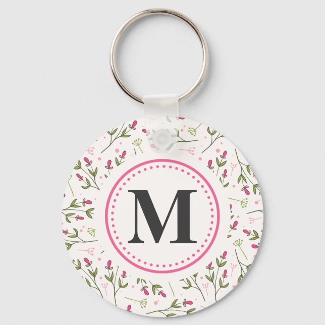 Pink and Green Long Stem Wildflowers Monogram Key Ring (Front)