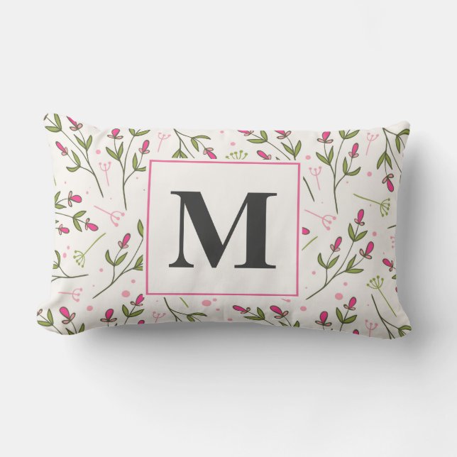 Pink and Green Long Stem Wildflowers Monogram Lumbar Cushion (Front)