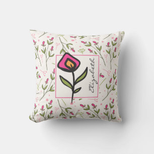 Pink and Green Long Stem Wildflowers Personalised Cushion