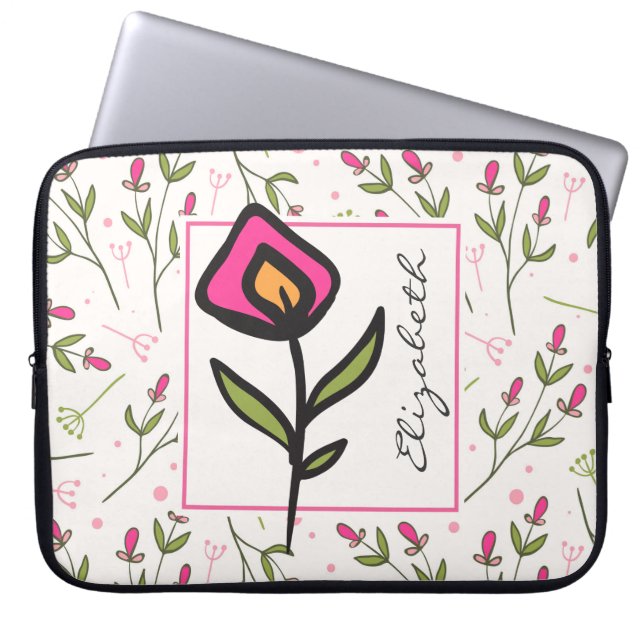 Pink and Green Long Stem Wildflowers Personalised Laptop Sleeve (Front)