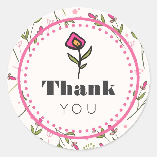 Pink and Green Long Stem Wildflowers Thank You Classic Round Sticker (Front)