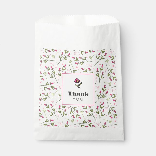 Pink and Green Long Stem Wildflowers Thank You Favour Bag (Front)