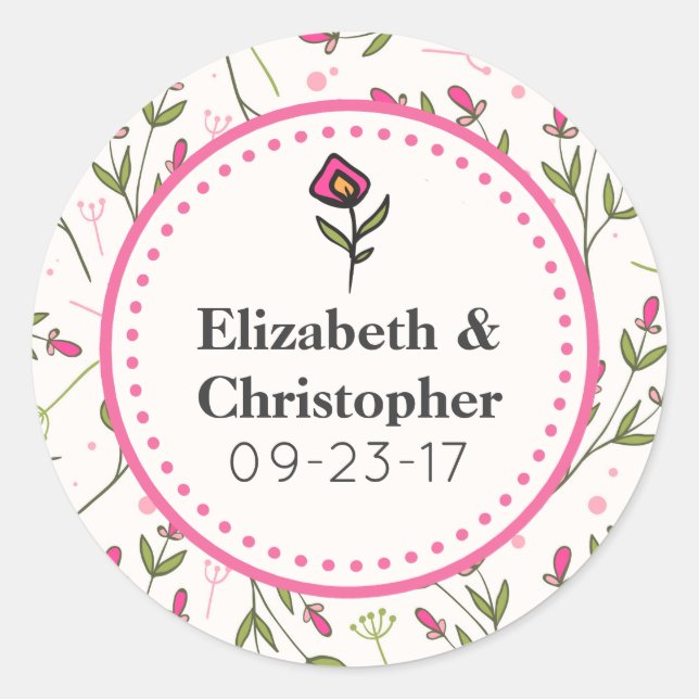 Pink and Green Long Stem Wildflowers Wedding Classic Round Sticker (Front)