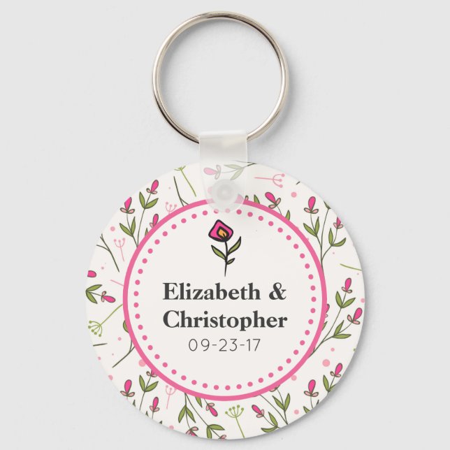 Pink and Green Long Stem Wildflowers Wedding Key Ring (Front)