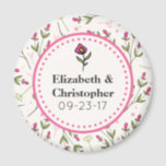 Pink and Green Long Stem Wildflowers Wedding Magnet<br><div class="desc">A wedding favour commemorative magnet. Your names and wedding date written inside an eggshell white coloured frame with a pink dotted border. The backdrop is a pattern of hand drawn pink wildflowers with long green stems and leaves on an eggshell white coloured backdrop. Pink circles and sprigs also decorate the...</div>