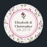 Pink and Green Long Stem Wildflowers Wedding Magnet<br><div class="desc">A wedding favour commemorative magnet. Your names and wedding date written inside an eggshell white coloured frame with a pink dotted border. The backdrop is a pattern of hand drawn pink wildflowers with long green stems and leaves on an eggshell white coloured backdrop. Pink circles and sprigs also decorate the...</div>