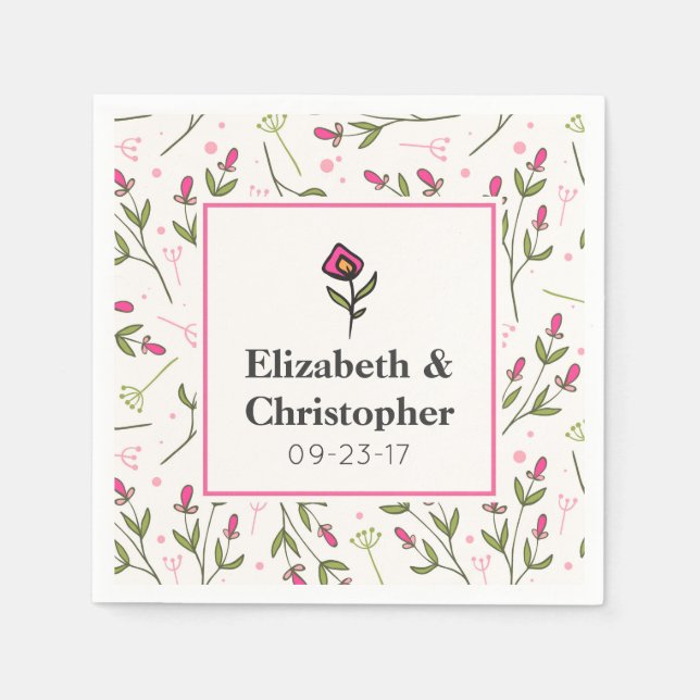 Pink and Green Long Stem Wildflowers Wedding Napkin (Front)