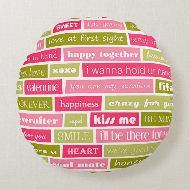 Pink and Green Love Letters Round Cushion (Front)